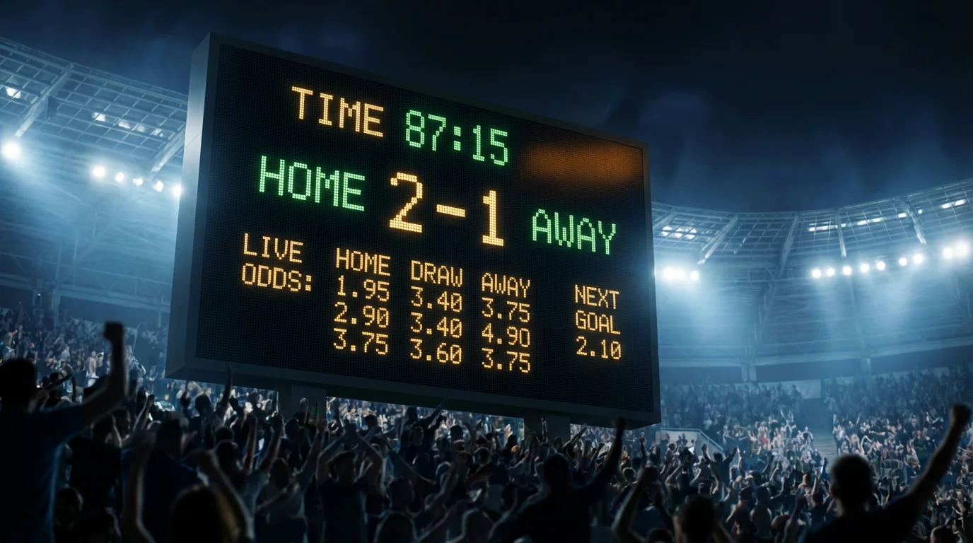 Digitalna tabla s koeficienti in rezultati nogometnih tekem na stadionu, značilna za okolje športnih stav