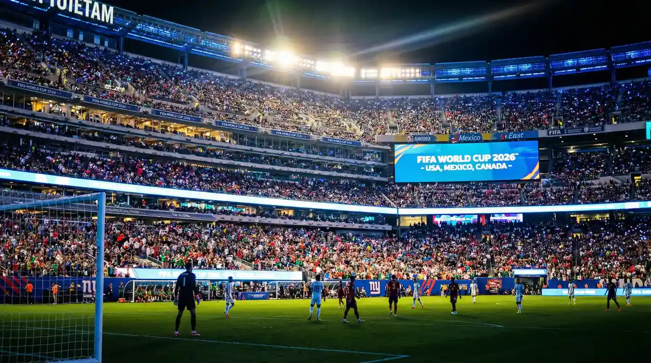 Nogometni stadion v ZDA ponoči, osvetljen z zeleno travo in polnimi tribunami pred začetkom tekme SP 2026